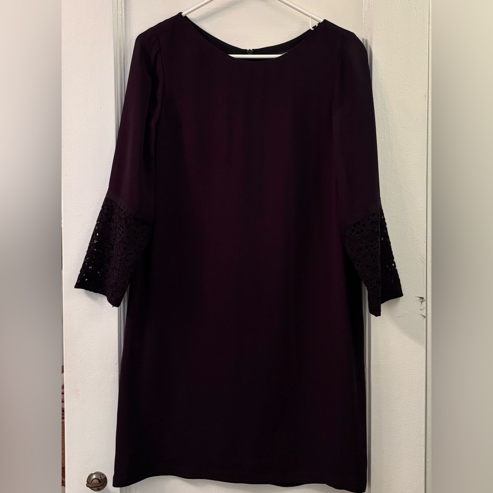 French Connection Navy Sheath Dress with Lace Bell Sleeves